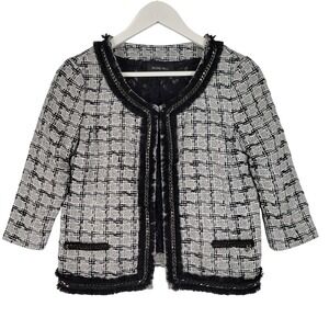 Michel Rene Tweed Crop Blazer Chain Fringe Jacket Womens 42